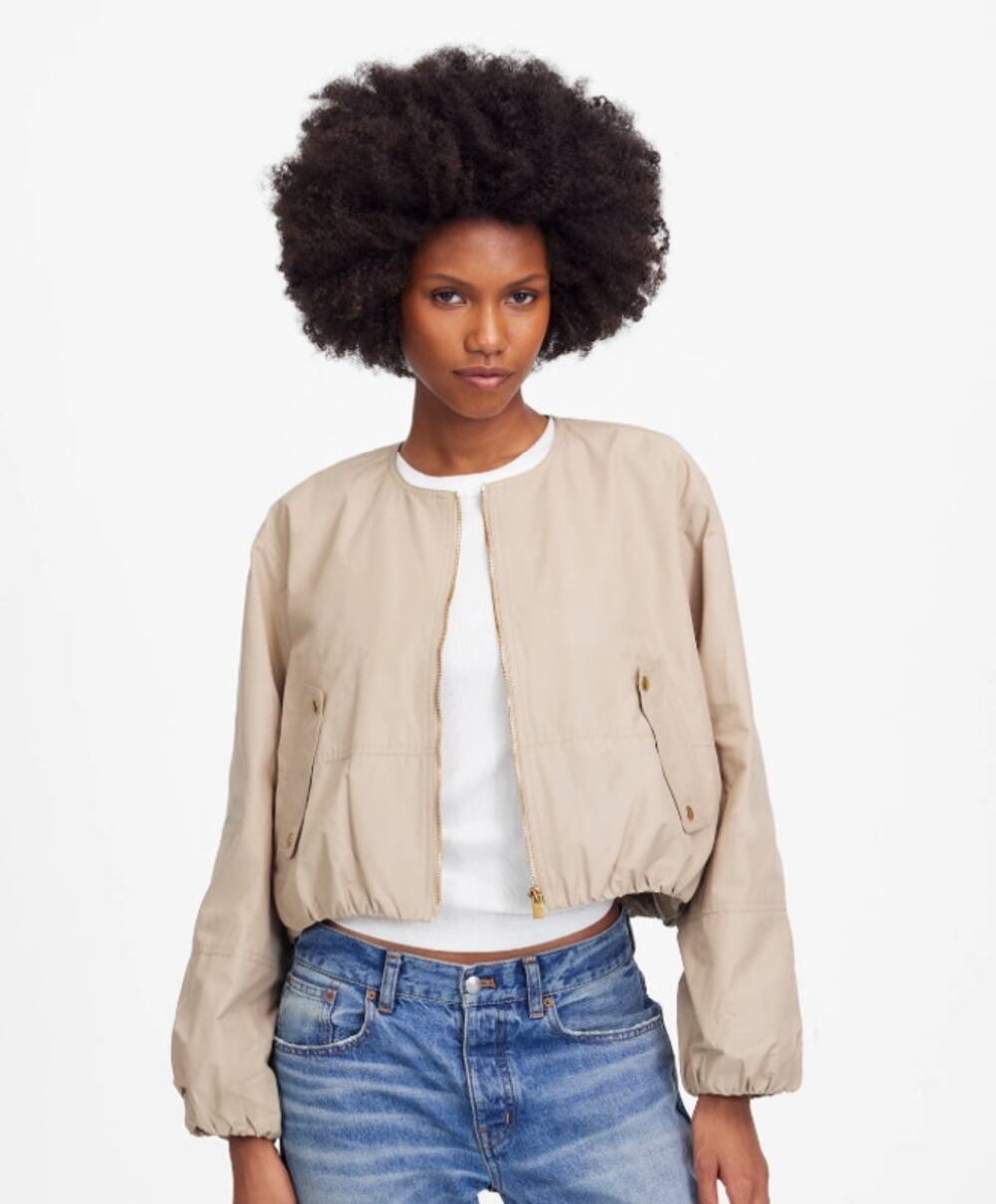 NWT Madewell Bubble Sleeve Bomber Jacket Full Zip Elastic Hem Khaki Tan Size XS